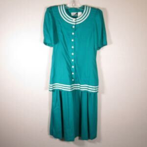 Vtg 80s Sunshine Starshine Dress 10 Teal White Sailor Stripe Midi Short Sleeve